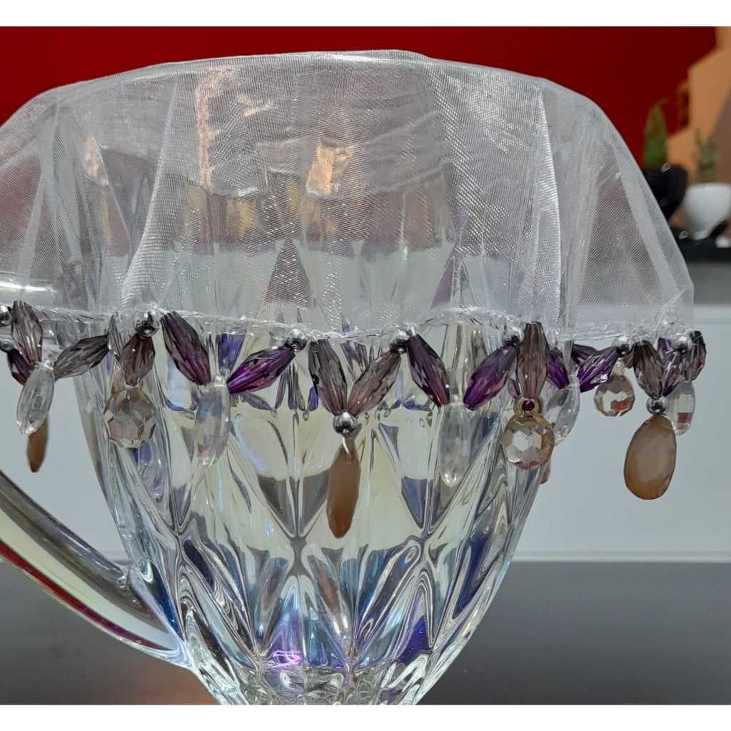 Cobre Jarra Com Pedraria Bordado Tule Transparente 25 Cm Fruteira Boleira