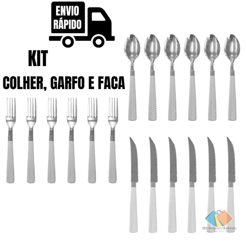 Talher Colher Garfo Faca de Mesa Cozinha Cabo Branco Kit 06 Peças