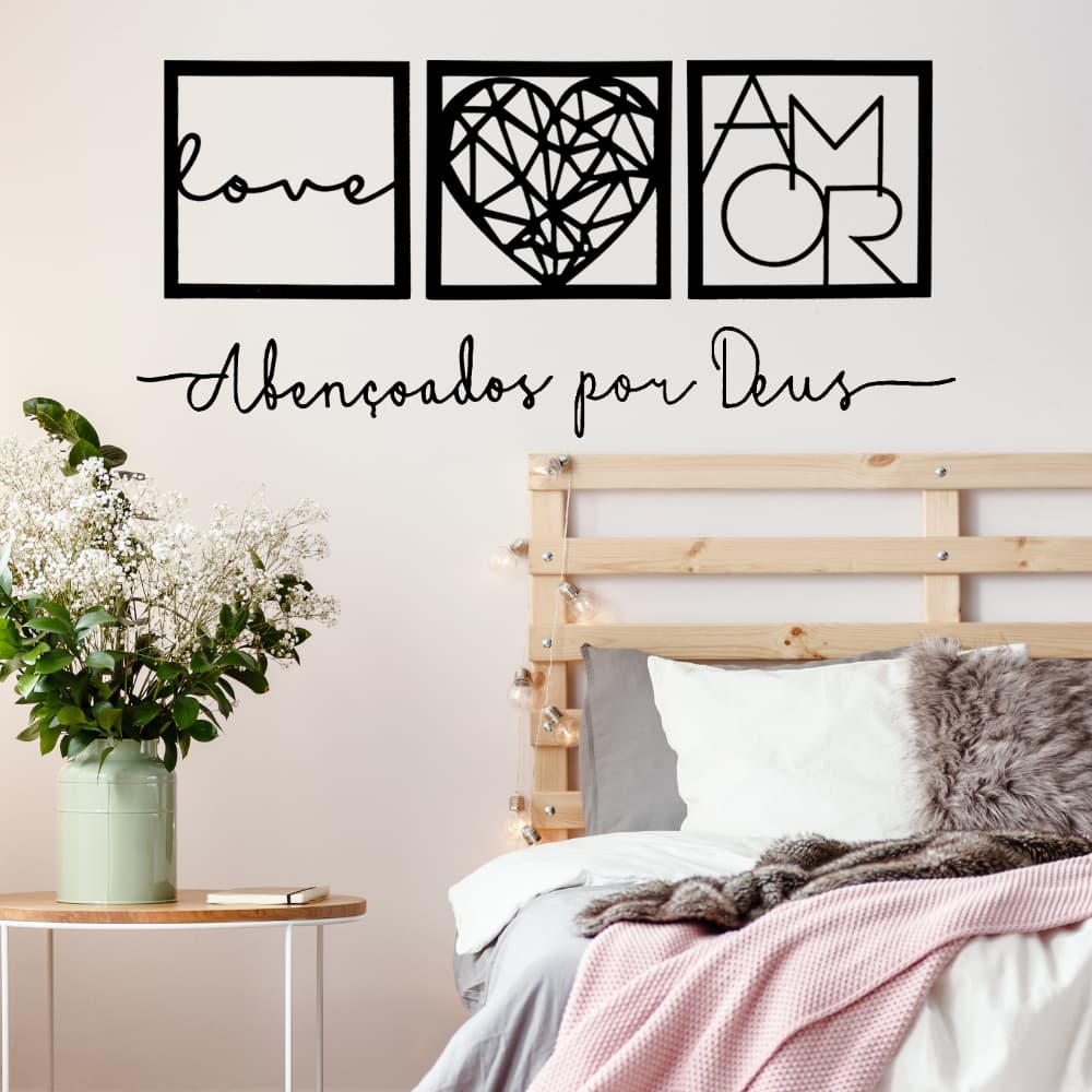 Quadros Decorativo Quarto Sala Grande MDF Preto Fosco Vazado Decoração Casa Com Frase -4 Unidades