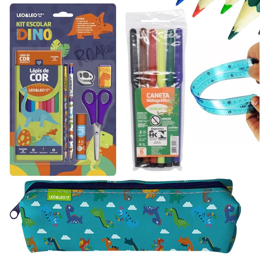 Kit Escolar Com Estojo, Lapis De Cor, Régua + Acessorios