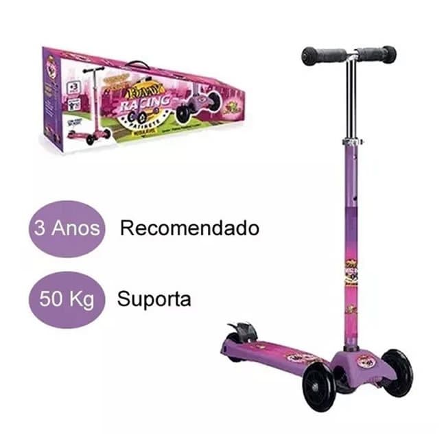 Patinete 3 Rodas Menina Funny Racing Com Freio E Ajuste De Altura