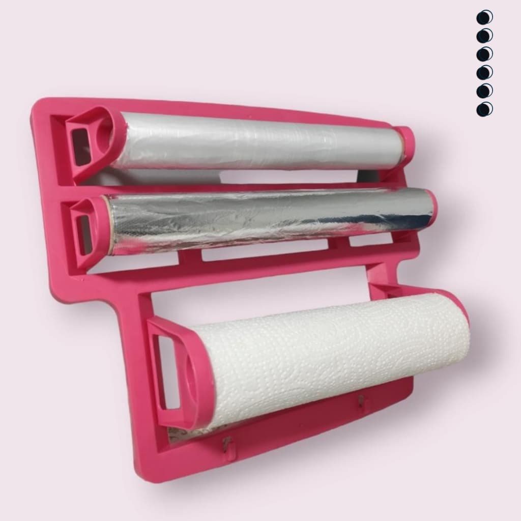 Suporte Cozinha 4x1 Plástico /Porta Papel Toalha/Alumínio/Filme De Pvc Gancho para utensílios rosa