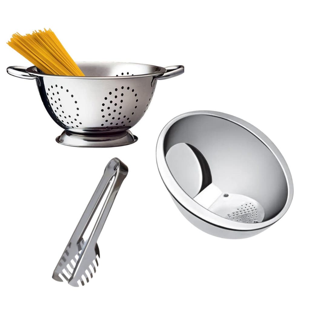 Kit 3 Peças Escorredor De Massa e Macarrão 24cm com Alça em Inox + Lavador de Arroz 25cm em Inox + Pegador de Saladas e Massas Inox 20cm