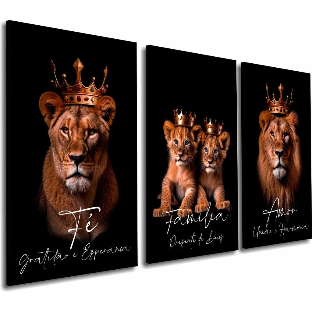 Quadros Decorativos Leão Leoa 2 Filhotes Rei Rainha Fé Amor 60x40