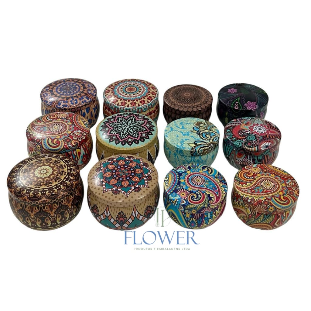 Kit 06 Unidades Lata para Velas Artesanais Mandala Coloridas Decorativas 70mL/130mL
