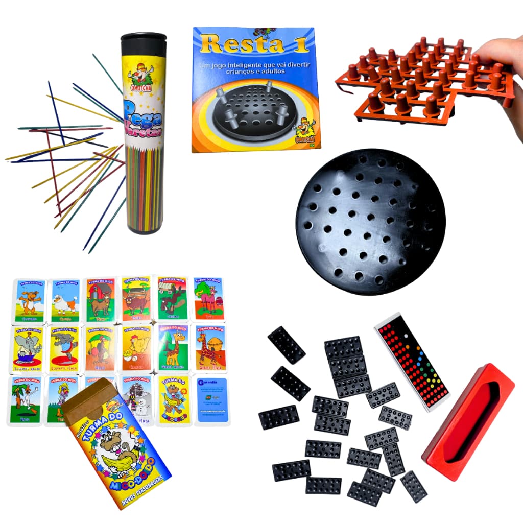 Kit 4 Jogos Coletivos - Pega Vareta, Dominó, Resta um e Jogo do Mico / Memória - Brinquedo Divertido, Presente e Prenda / Jogo de Carta, Tabuleiro e Jogos Antigos Adultos e Crianças familia amigos