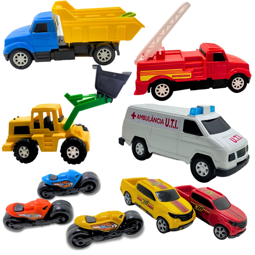 Kit 9 Brinquedo Carrinho Bombeiro Trator Caminhão Dia das Crianças Menino carros motos pickups furgão infantil aventura imaginação