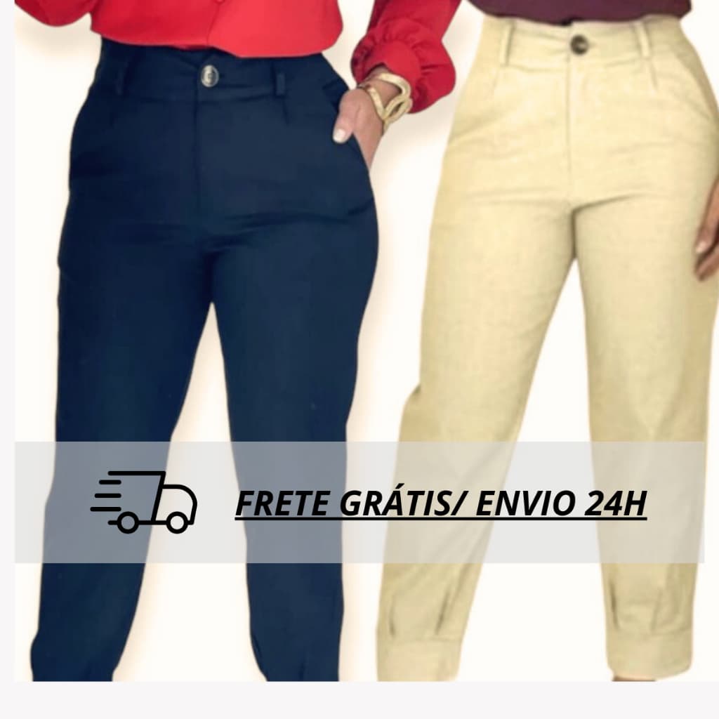 Calça Social Feminina Com Bolso E Botão Linho Com Elastano