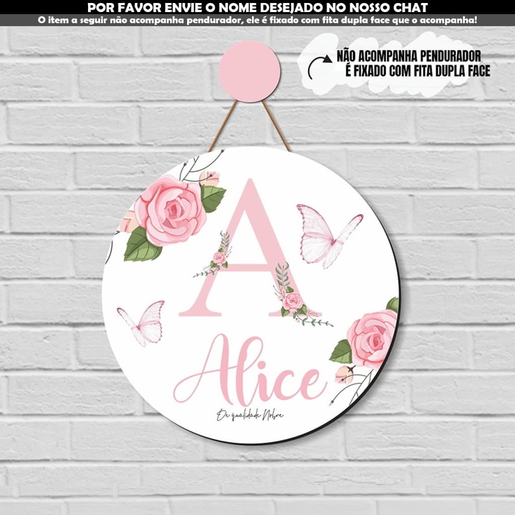 Enfeite Porta Maternidade Menina Borboleta Jardim Rosa Flores Letra Flamula Floral Encantado Personalizado com Nome