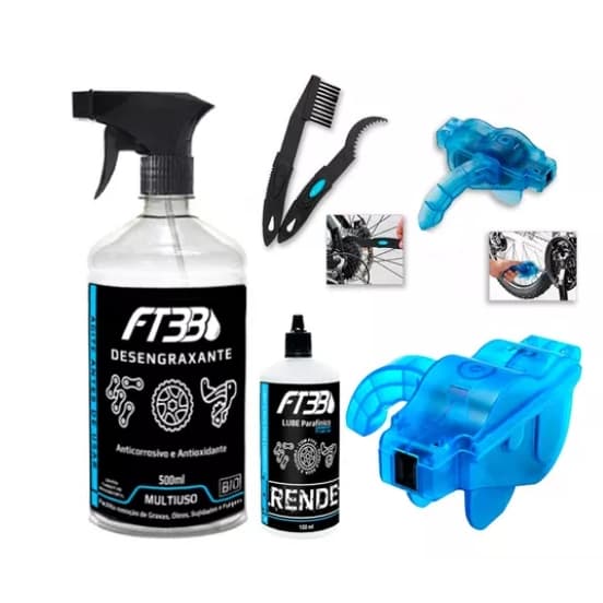 Kit Desengraxante + Máquina Limpa Corrente de Bike + Escovas e Cera Lubrificante