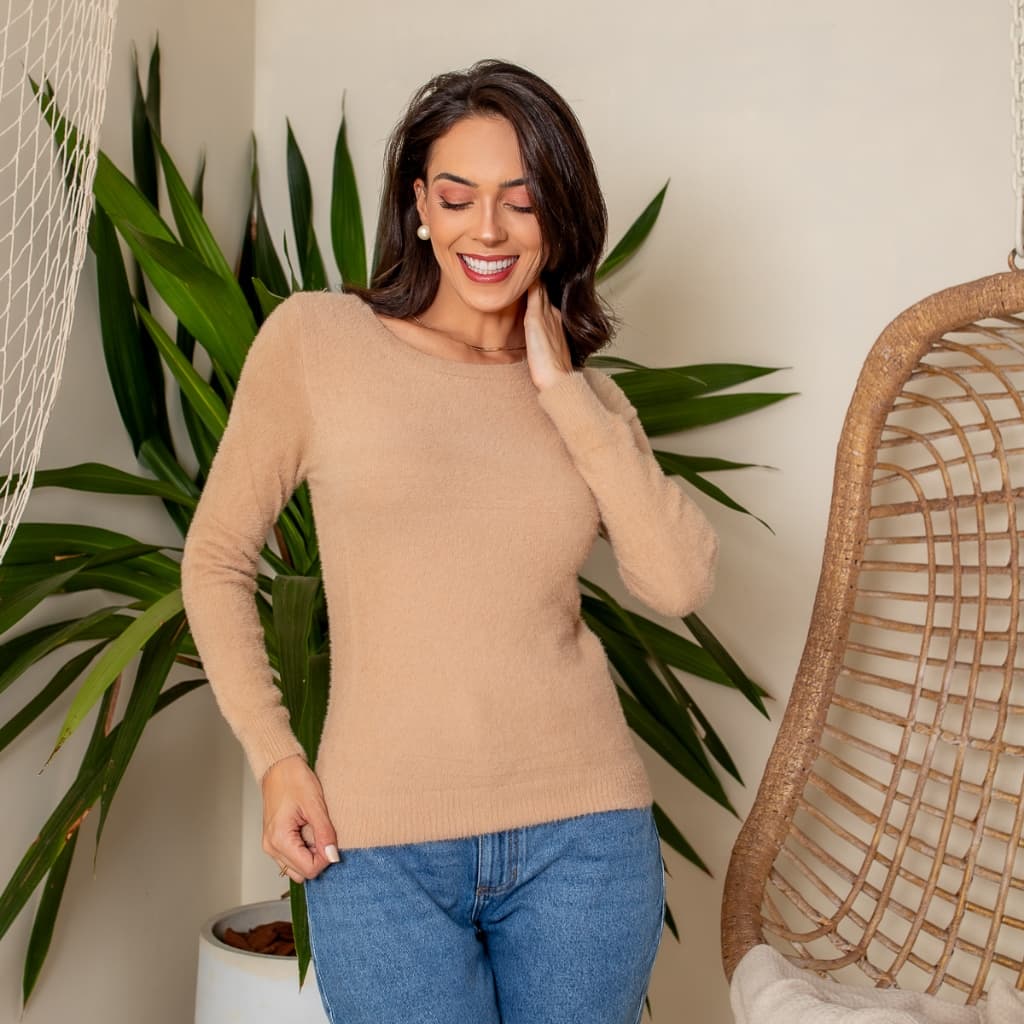 Suéter Feminino Blusa de Frio Manga Longa Pelinhos Macio Decote Redondo Inverno Moda Confortável