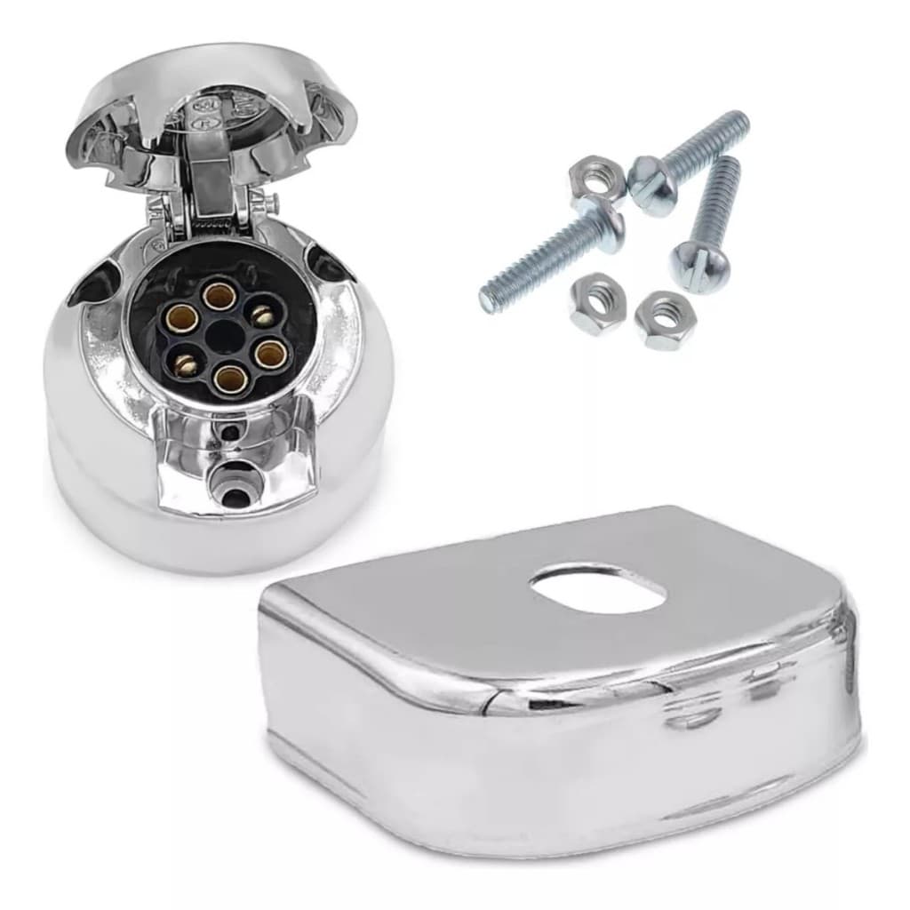 Kit Tomada Cromada Capa De Engate Reboque Carretinha Fêmea 6 Polos