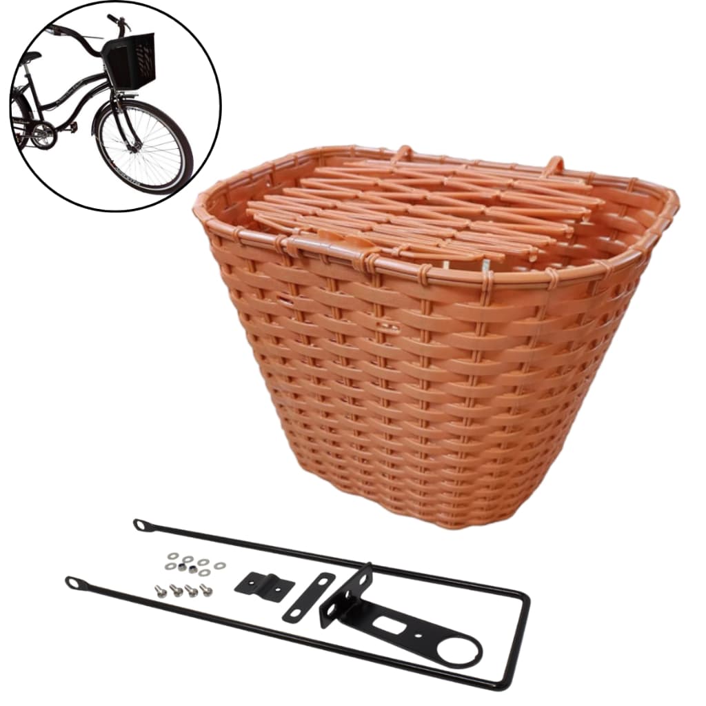 Cesta Cestinha Com Tampa de Plástico para Bicicleta Bike Aro 24 e 26 Grande Marrom Resistente Reforçada