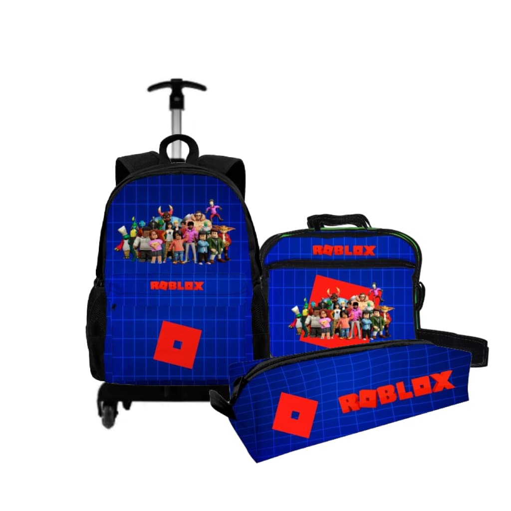 Kit Mochila Bolsa Infantil Menino Jogo Roblox Reforçada De Rodinha Lancheira Térmica Estojo