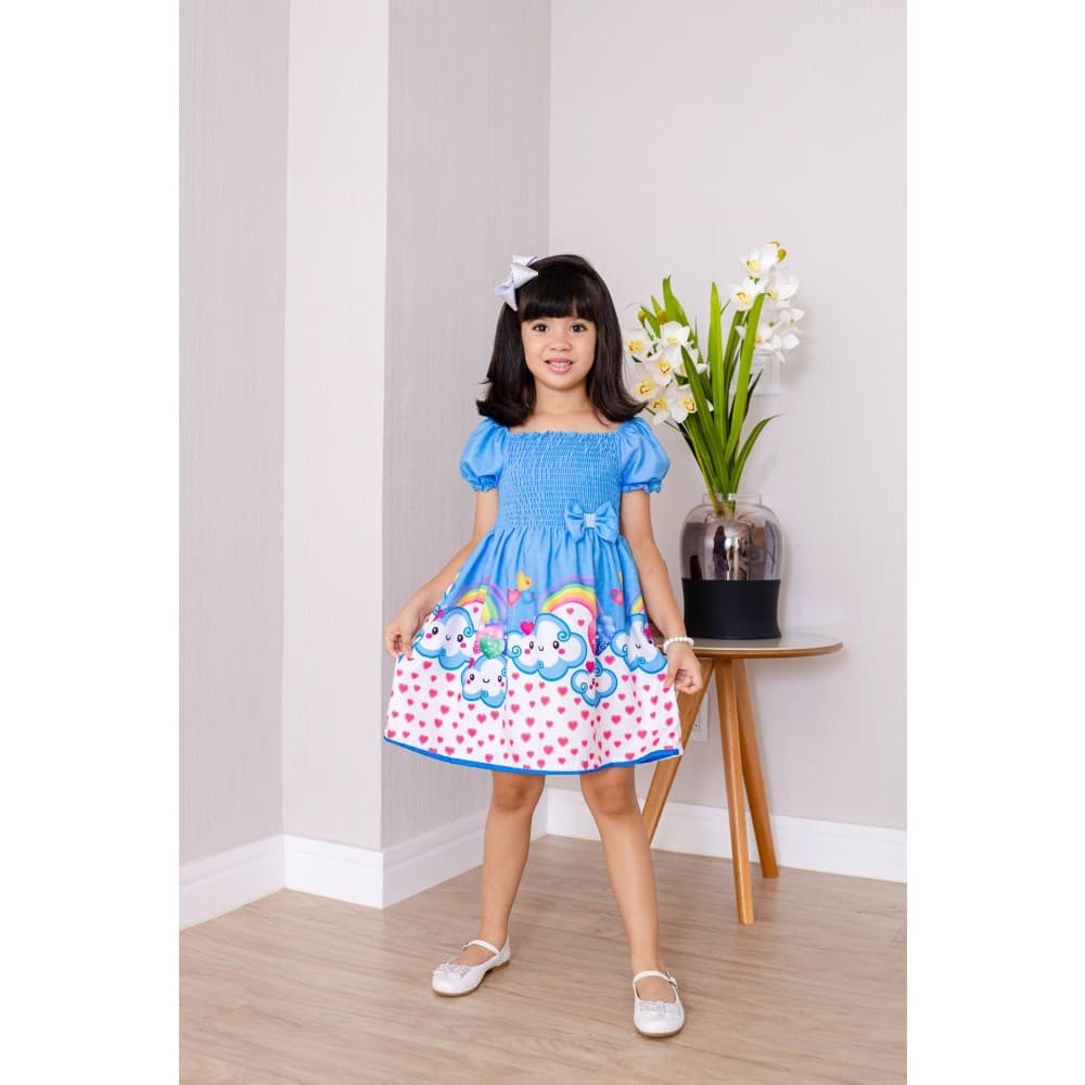 Vestido Infantil Festa Manga Bufante Moda Crianca Tecido Leve e Diverdido com Lacinho