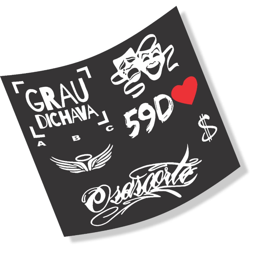 Kit 06 Adesivos GRAU DICHAVA, 59D, CHORA AGORA RIR DEPOIS, CIFRÃO, ANJO Motoo, OSASCORTEee