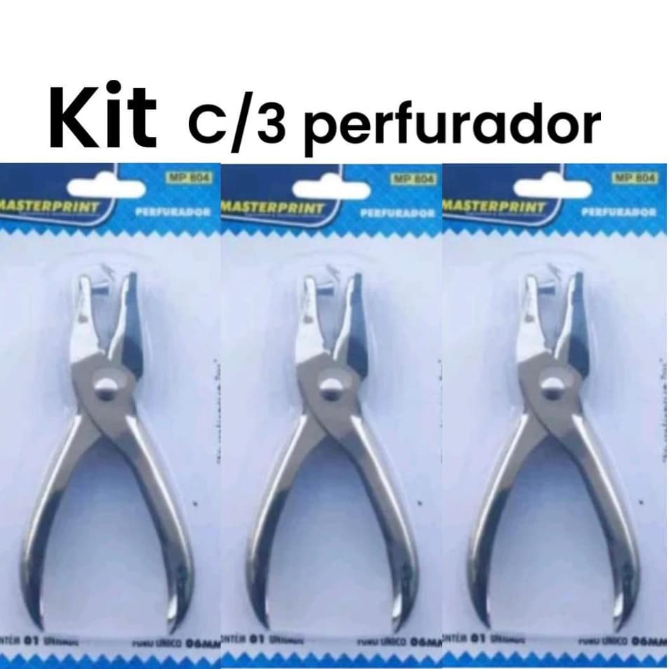 kit 3 Alicate Perfurador Furador de Papel em Metal Aço 1 Furo MasterPrint