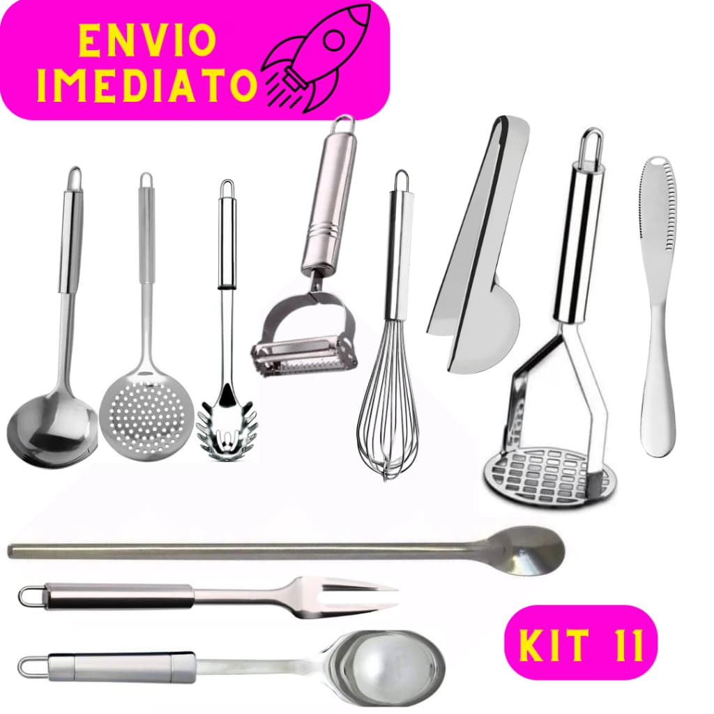 Kit Utensílios 11 Peças em Aço Inox Concha Escumadeira Pegador Massas Descascador Pegador Universal