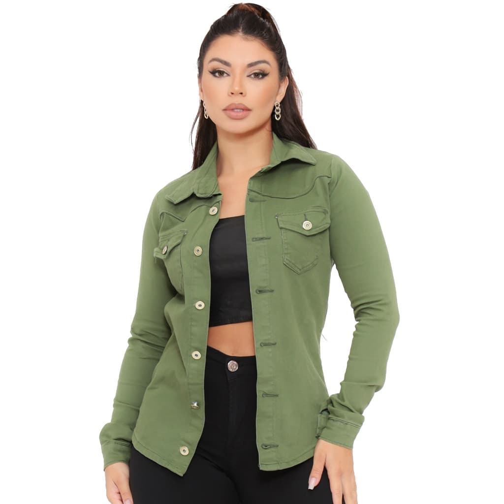 Camisa Jeans Feminina Manga Longa com Bolso P ao GG