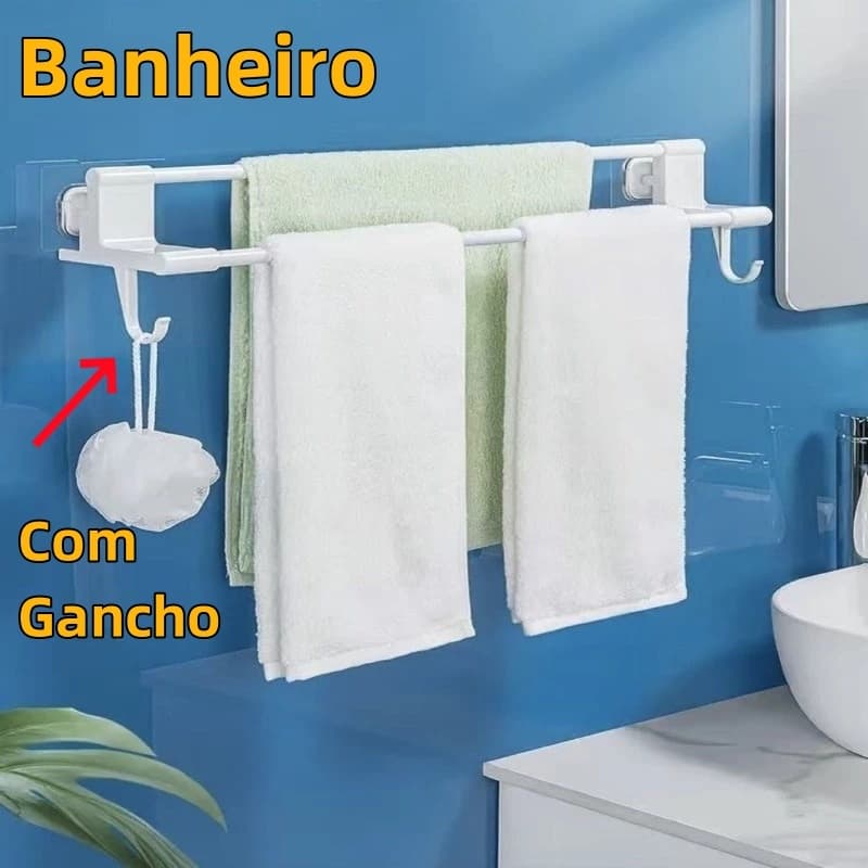 Porta Toalha DUPLA CAMADA COM GANCHOS Para Banheiro Sem Furo Com Suporte De Adesivos Multiuso