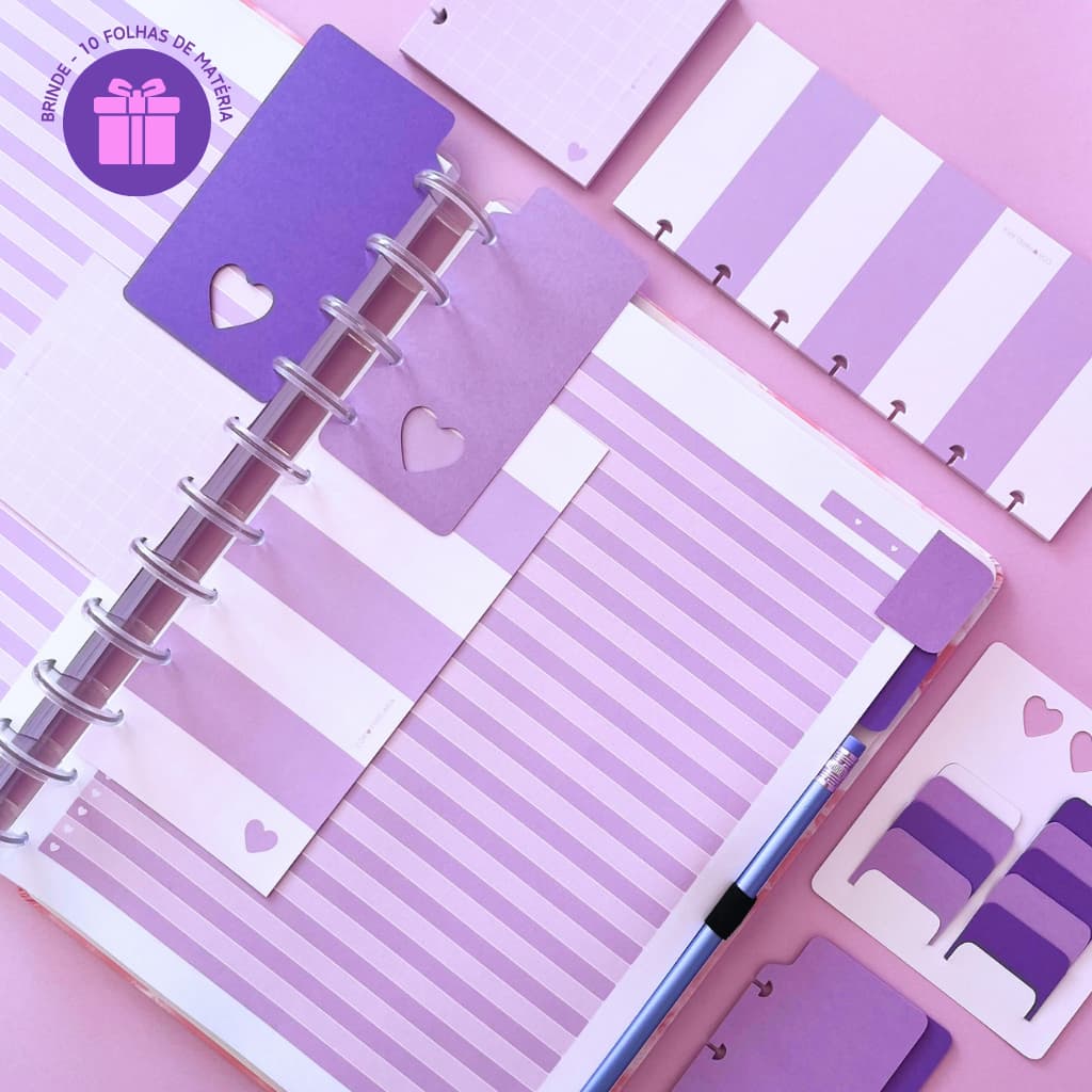 KIT REFIL FOLHAS CADERNO G - LILÁS (Refil de 100 Folhas + Abas + Divisórias + Bloquinho + Refil Slin)