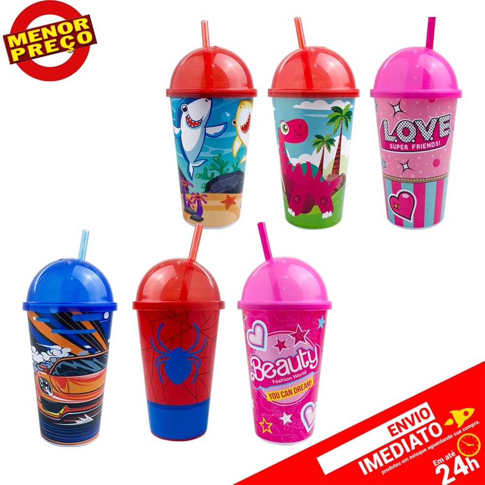 Copo Com Tampa Sorvete e Canudo Infantil Várias Estampas - Envio Imediato