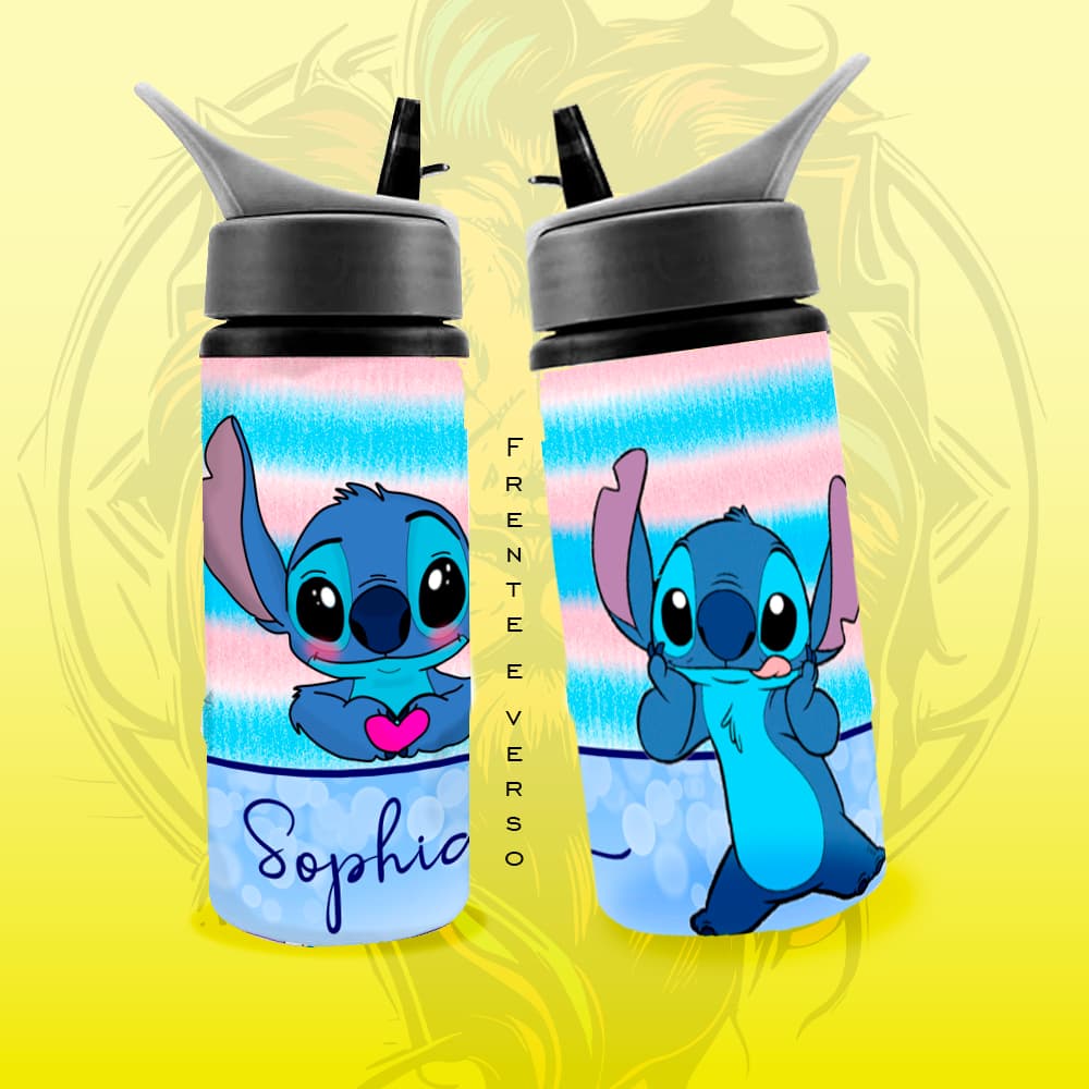 Garrafa de alumínio personalizado com nome - STITCH E ANGEL-  garrafinha de água 600 ml