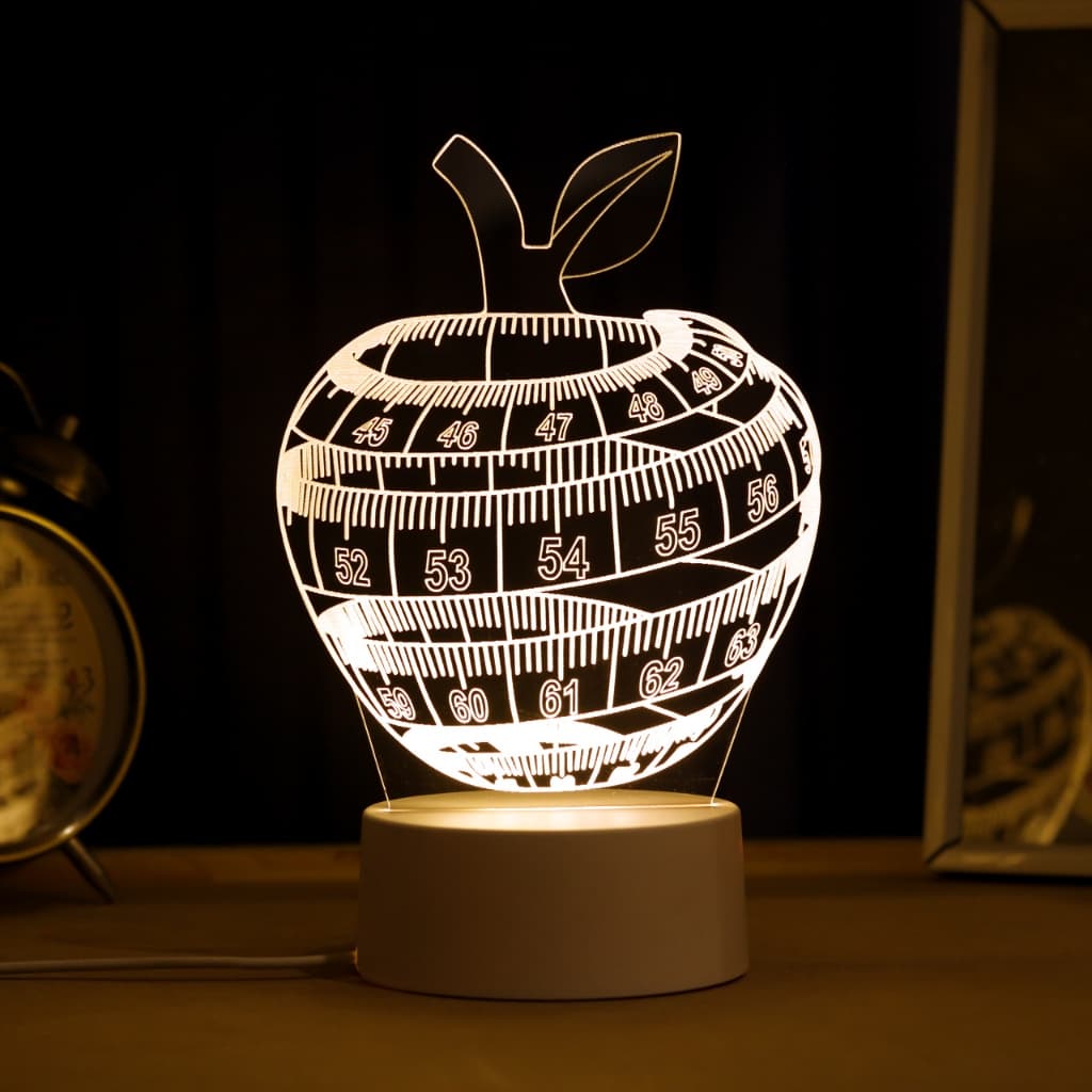 Luminária LED 3D de Mesa / Luz Noturna Presente Criativo / Decoração - maçã com fita métrica, nutricionista, maçã