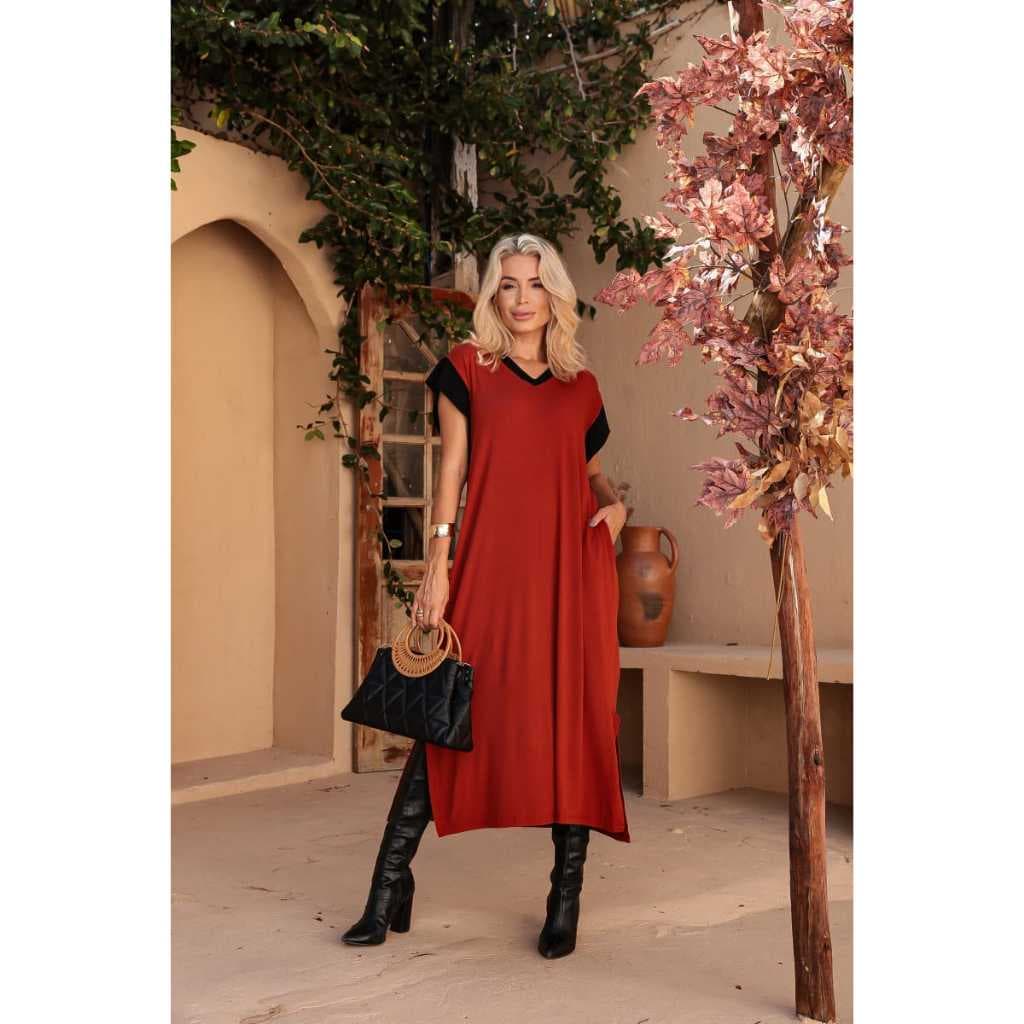 Vestido Longo Saruel Elegante Manga Color