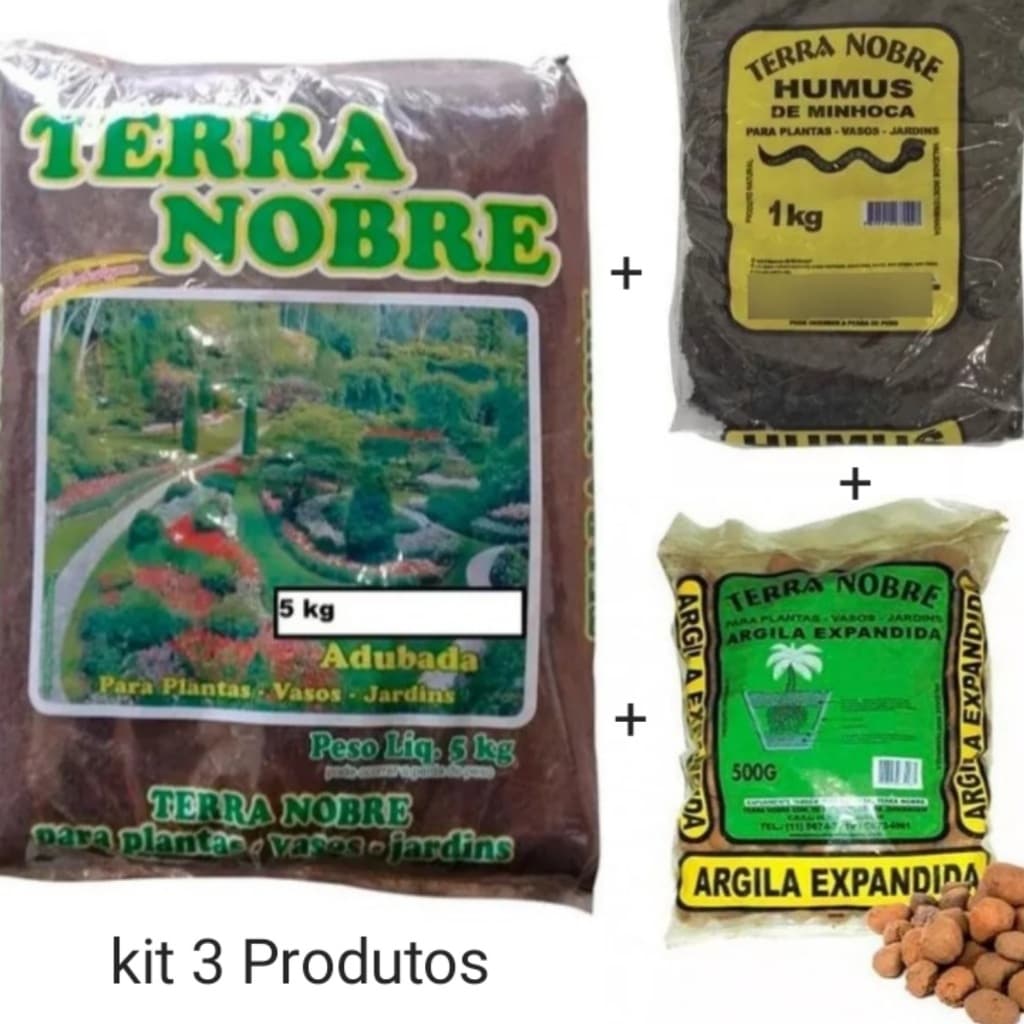 Kit Terra Adubada Vegetal 5Kg + Húmus de Minhoca orgânico 1Kg + Argila Expandida 500Gr - Plantas, Vasos