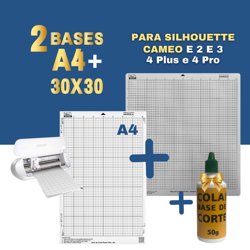 Kit 1 Base de Corte A4 + 1 Base 30x30 + 1 Tubo de Cola Para Reposição - Para Silhouette Cameo, Cameo 2 3 4, 4 Plus e 4 Pro - Com Cola