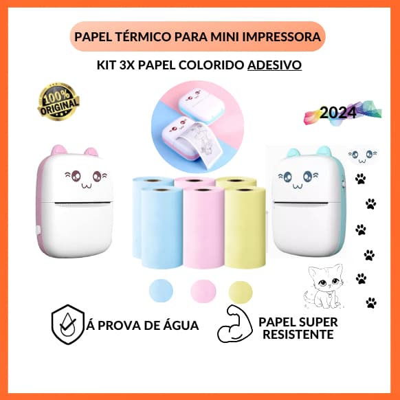 Kit 3 Bobina rolo De Papel Térmico Adesivo 30 Metros 57*30mm Colorido Mini Impressora  Prova De Água