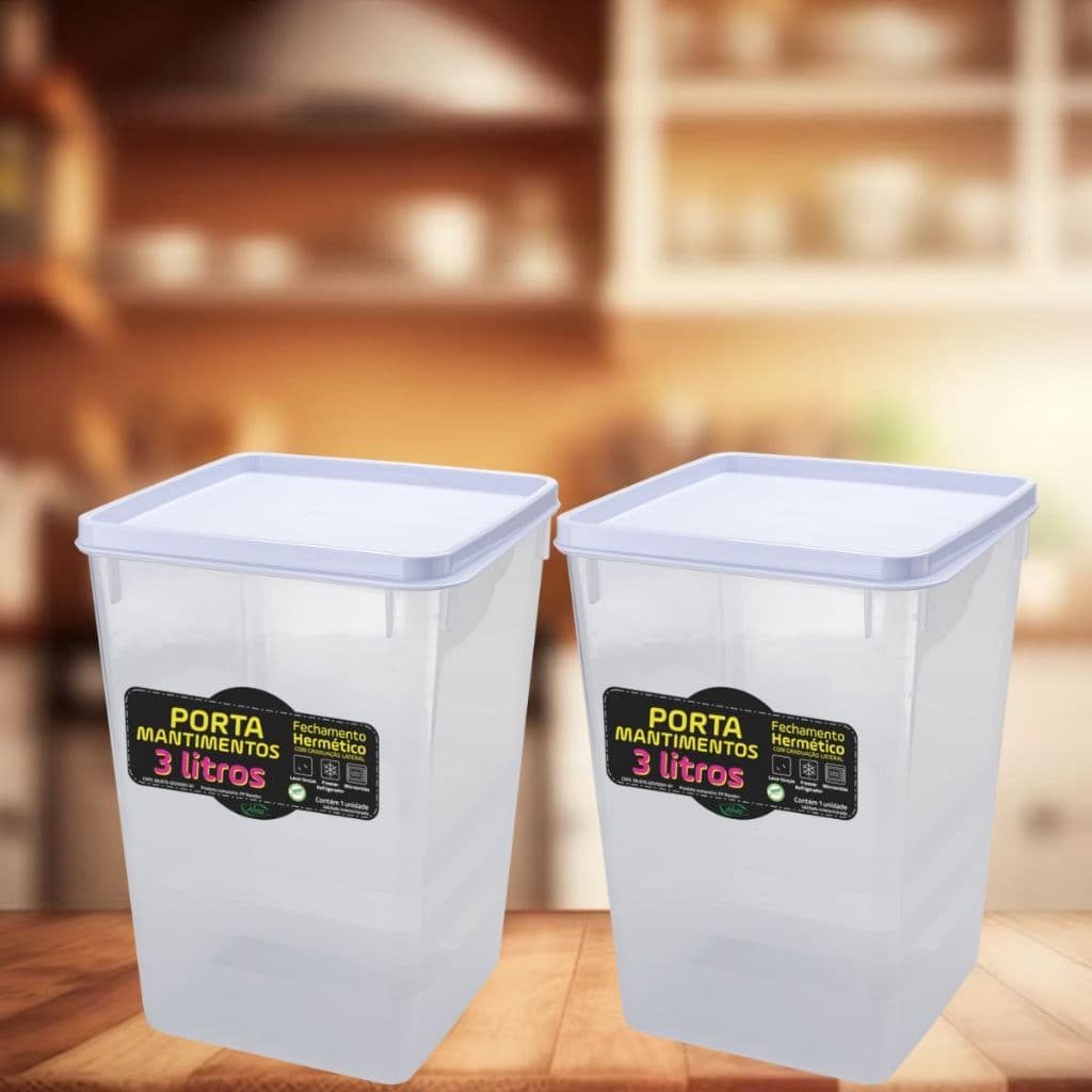 Kit 2 Potes Mantimento Hermético 2kg Alimento Capacidade 3,0l Tampa Trava Branca Vedação Conservar Organizar Cozinha Arm