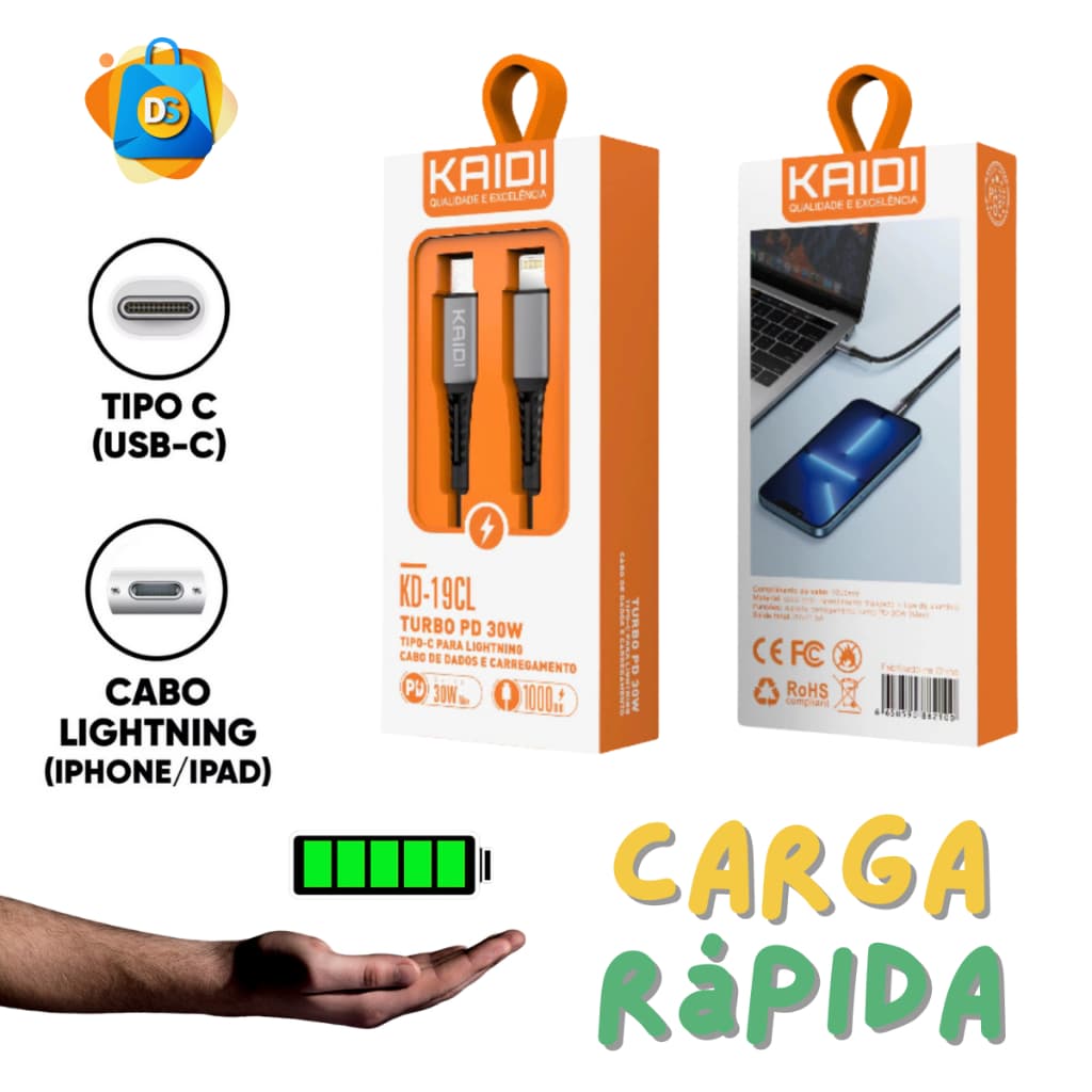 Cabo Kaidi Turbo Tipo C Lightning Reforçado Carregamento  Fio de Celular Energia  1 metro e 2 metros