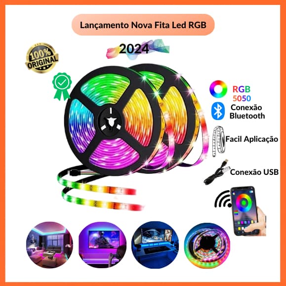 Fita LED RGB 5050 Bluetooth e Conexão USB, Iluminação Personalizada de 5m, 10m, 15m Controle via APP