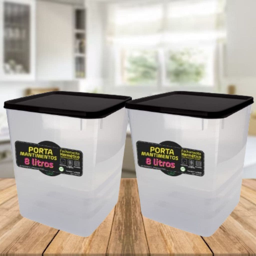 Kit 2 Potes Herméticos 5kg Arroz Capacidade 8,0L Tampa Preta Empilháveis Retangular Tampa Trava