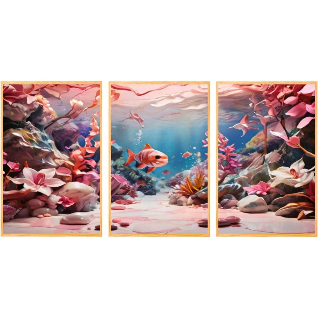 Quadro decorativo para salas água fundo do mar peixes 3 peças (MAR ROSA)