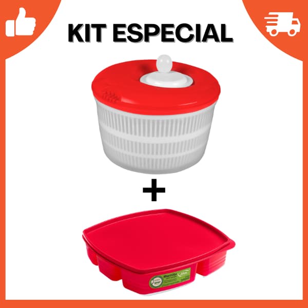 Kit Centrífuga Seca Salada Grande e Pote Marmita Hermético 4 Divisórias