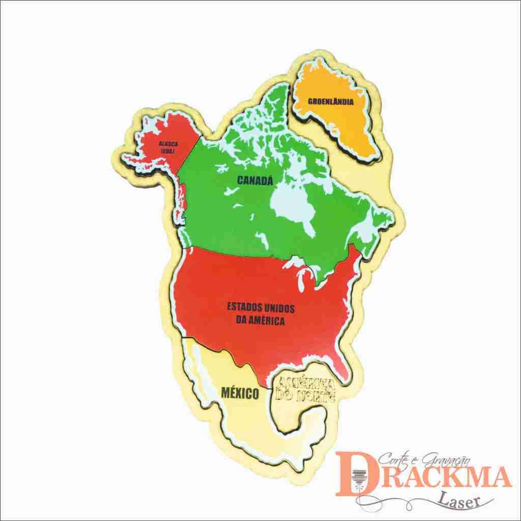 Mapa da América do Norte Quebra-Cabeça, Brinquedo Educativo, Estados e Regiões em MDF.