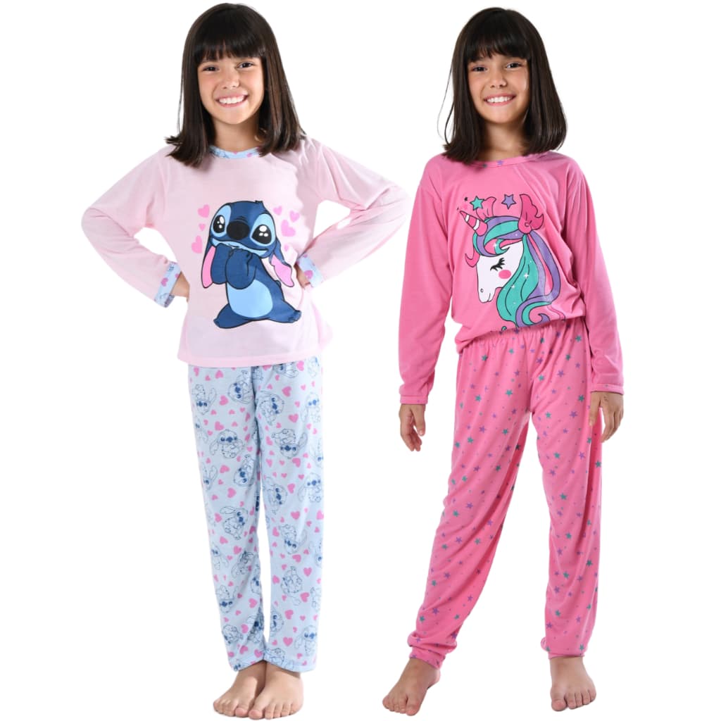 Kit 2 Pijamas Infantil Longo Menina Manga Longa e Calça Inverno