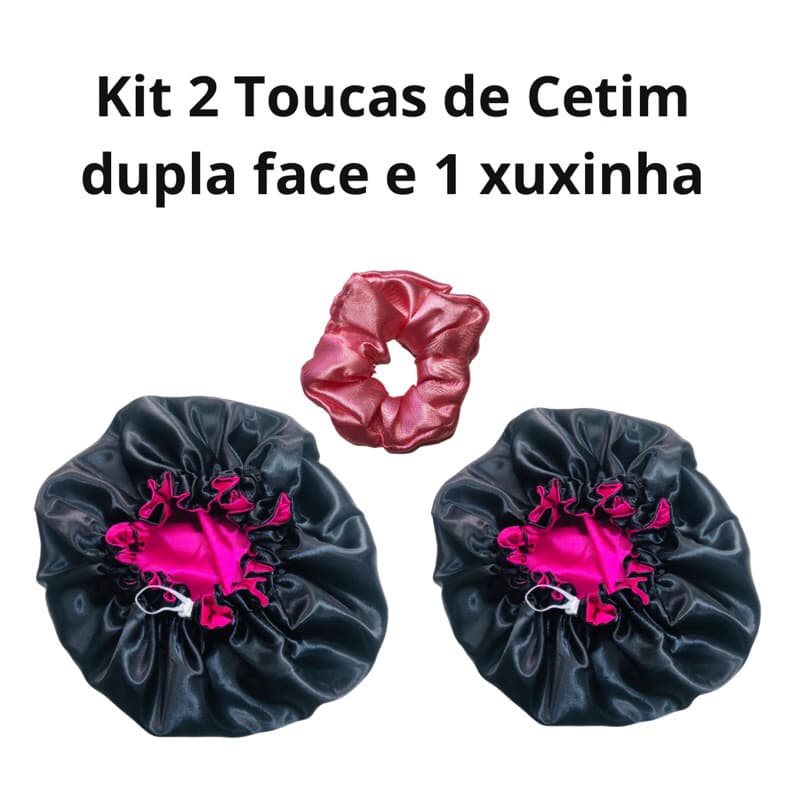 kit 2 Toucas de cetim dupla face preta e rosa e 1 xuxinha antifrizz
