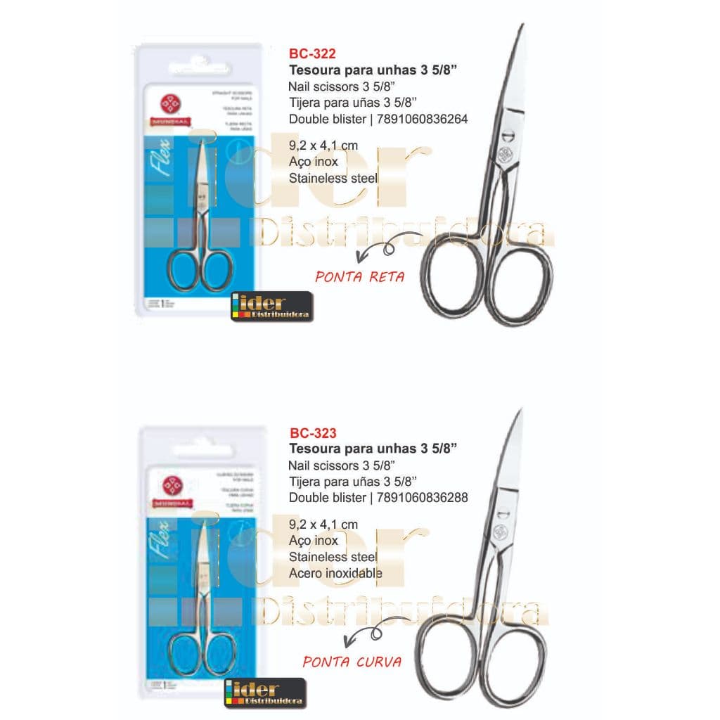 Tesoura para unhas Mundial Inox 3 5/8” BC-322 Ponta Reta e BC-323 Ponta Curva