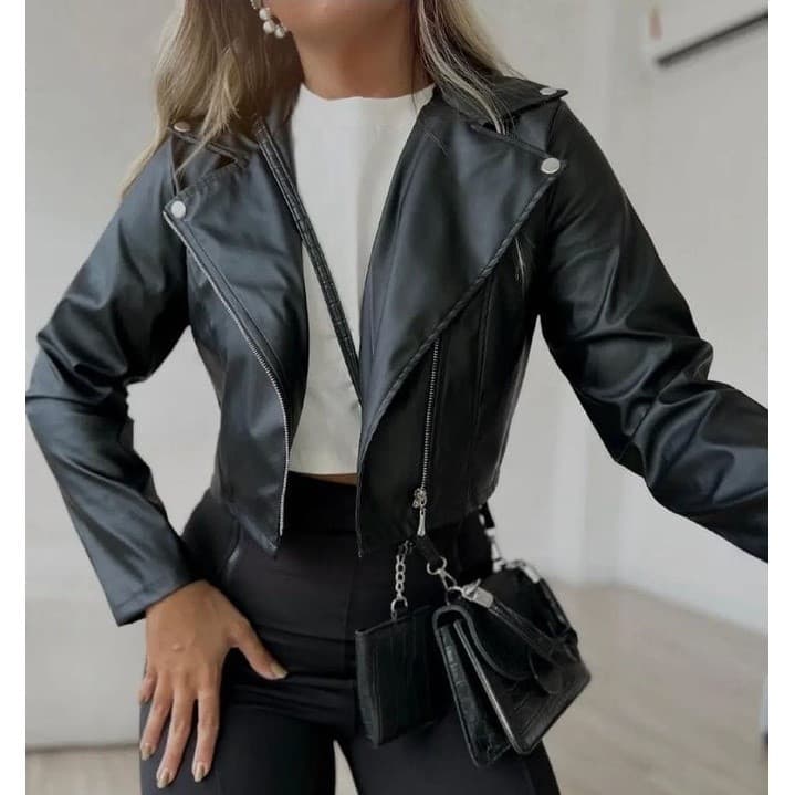 Jaqueta Feminina de Couro Sintético Com Ziper Moda Blogueira Outono/Inverno