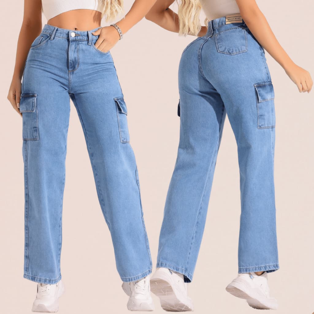 Calça Wide Leg Cargo Bolso Lateral Cintura Alta Tecido 100% Algodao Calça Jeans Feminina Calça Feminina Jeans Wind Leg