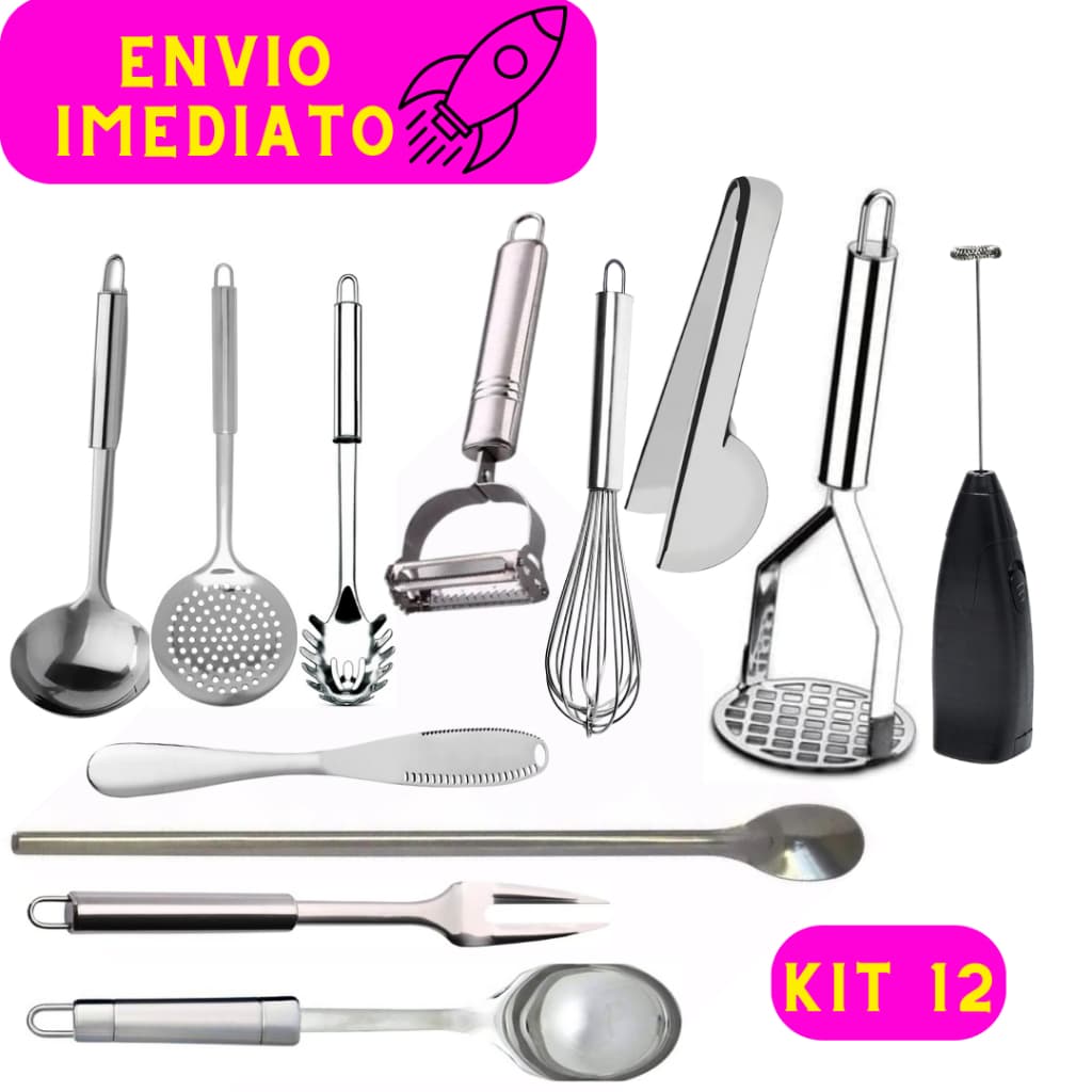 Kit 12 Peças Utensílios de Cozinha Inox Escumadeira Concha Espátula Pegador Jogo Completo