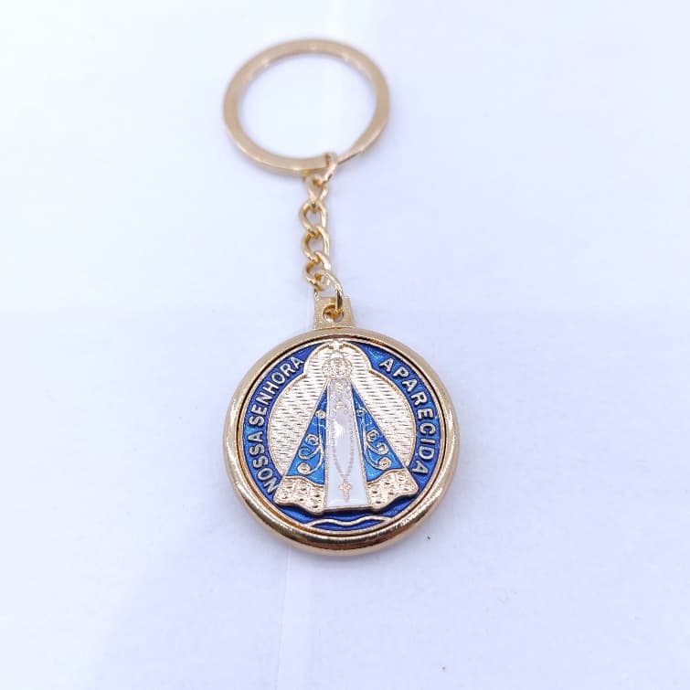 Chaveiro Medalha Nossa Senhora Aparecida com Basílica em Metal cromado Católico