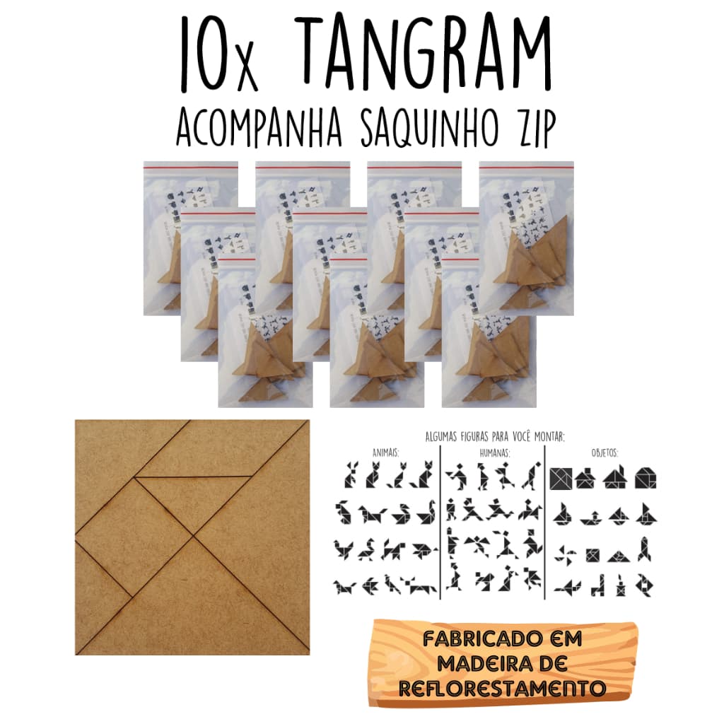 10 Tangram em Madeira MDF 10cm - Quebra cabeça geométrico / forme figuras / brinquedo pedagógico - brinquedo de madeira