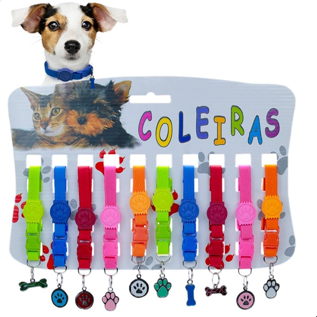 Cartela de Coleira c/Pingente regulagem p/cachorro pet segura resistente Estampas lisas