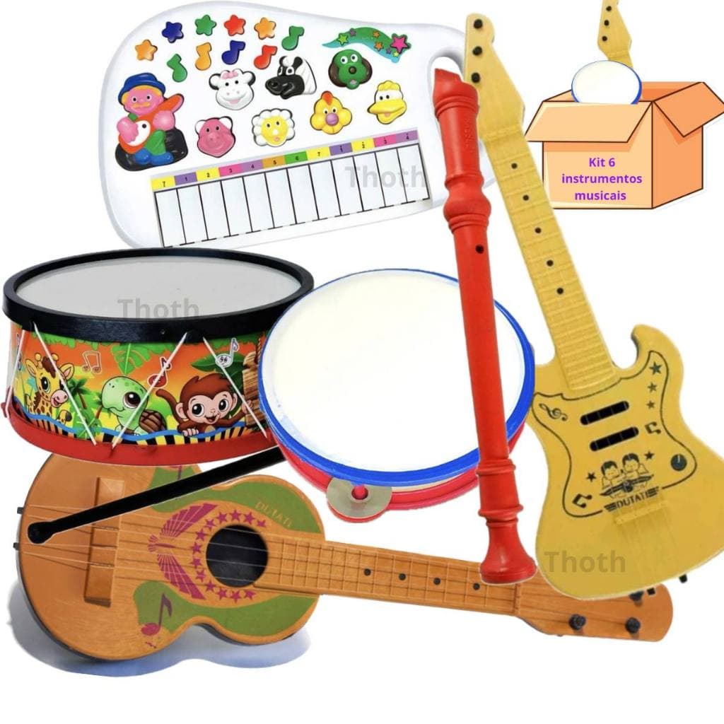Teclado Fazendinha Kit 6 Brinquedo Instrumento Infantil viola Tambor Pandeiro Musical menino Menina