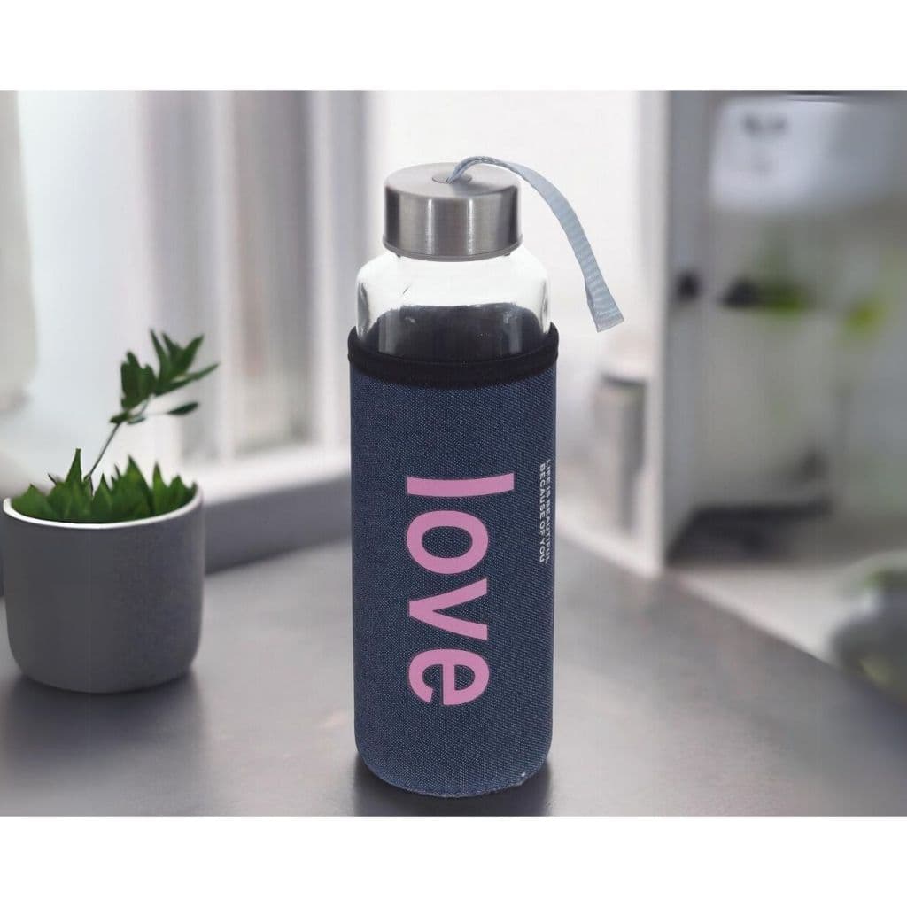 Squeeze Garrafa Vidro c/ Capa Academia 400ml Tampa de Inox Proteção Capa Love Smile Good Life Esportes Envio Aleatorio